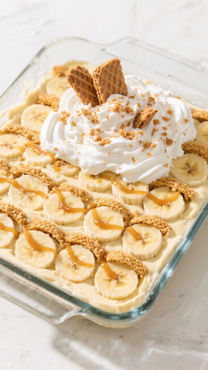 Tasty top view: Overhead shot of the fully assembled banana pudding in a 9x9 glass dish, showcasing 