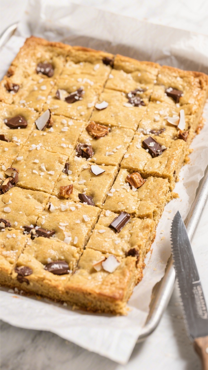Tasty top view: Overhead shot of the fully baked sheet-pan blondies on parchment, just out of the ov