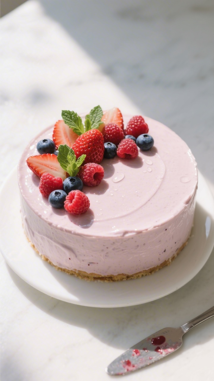 Tasty top view: Overhead shot of the fully set berry mousse cake with a soft mirror shine glaze; ele