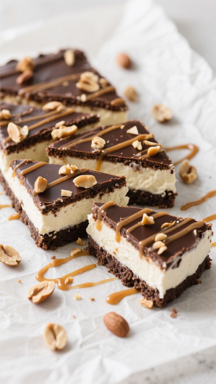 Tasty top view: Overhead shot of the sliced layered no-bake ice cream dessert on parchment, showcasi