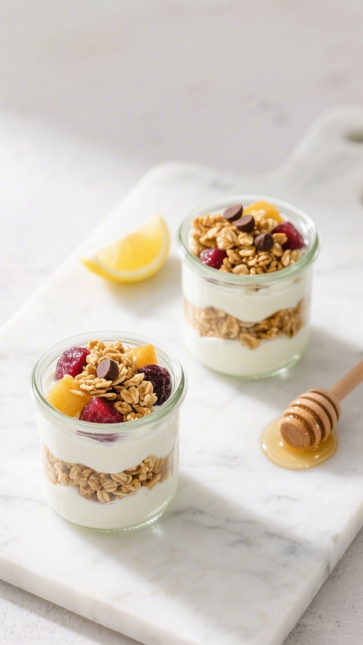 Tasty top view: Overhead shot of two finished yogurt parfaits in small glass jars on a white marble 