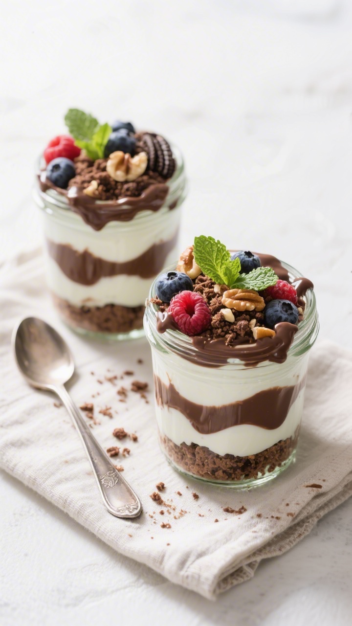 Tasty top view: Overhead shot of two fully assembled berry chocolate parfaits in small mason jars, s