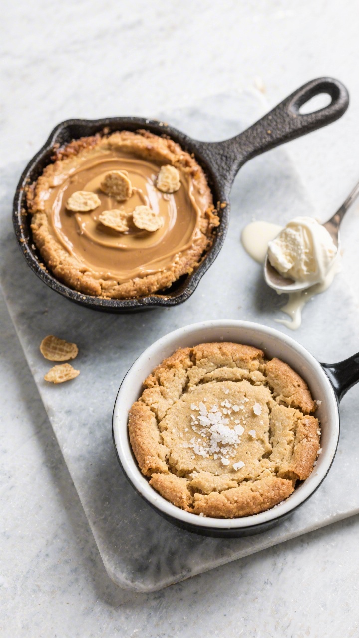 Tasty top view — Overhead shot of two individual ramekin skillet cookies baked to caramelized edge